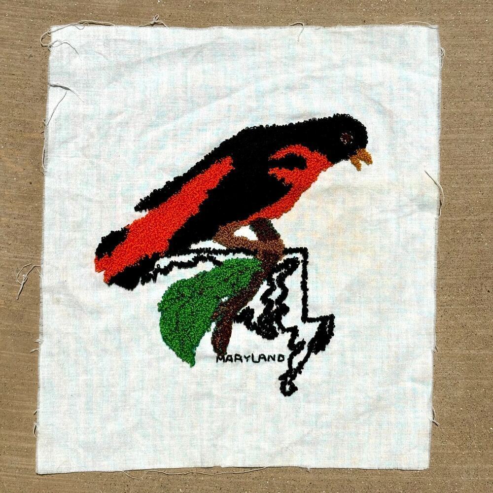 Vtg Hand Embroidered Crewel Maryland State Bird Baltimore Oriole Unframed Art